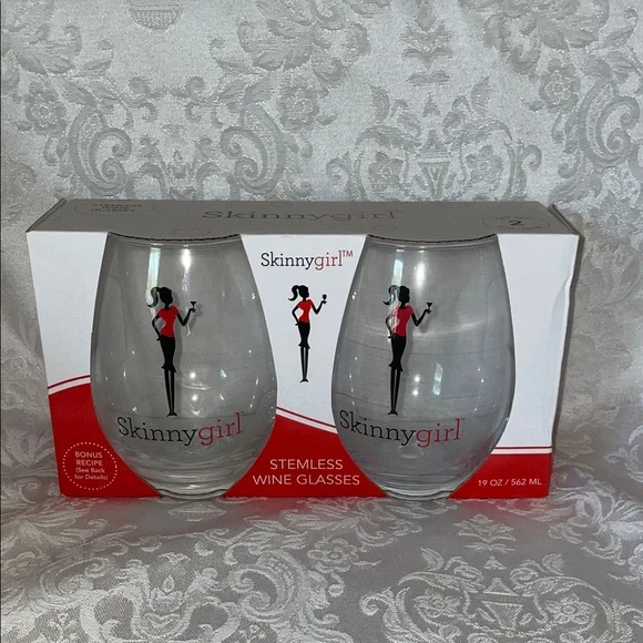NIB SKINNYGIRL Stemless Wine Glasses - Red and Black Design - Picture 1 of 4